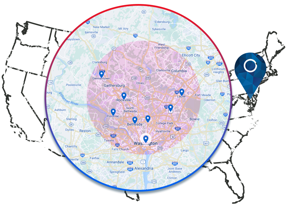 A map of the United States focused on the Washington DC area.